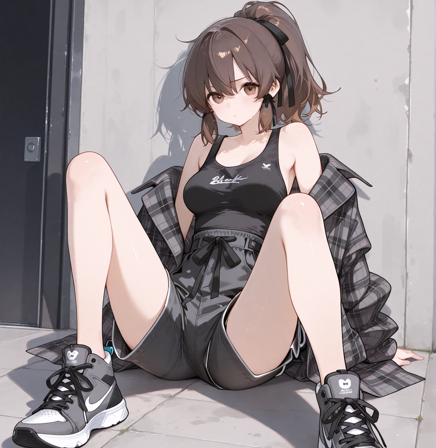 masterpiece, best quality, 1girl, street background, night, urban clothing, sleeveless, shorts