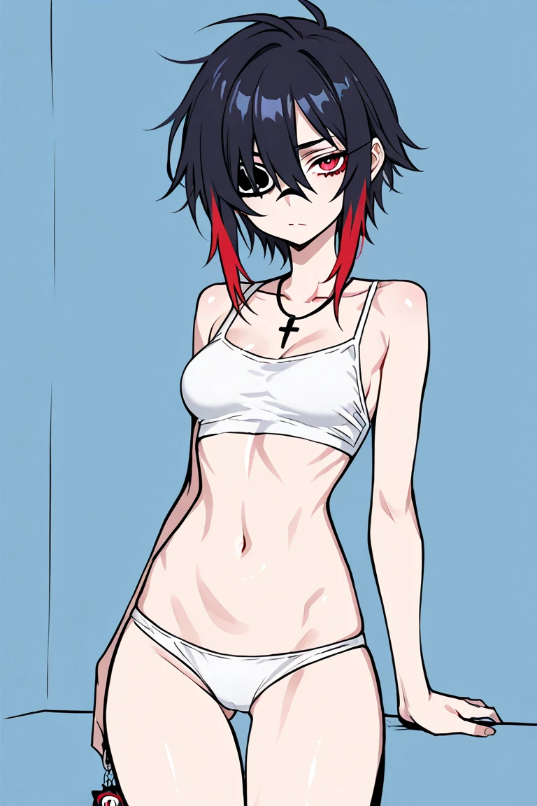 coupling, ("Red hair"), ("black hair"), ("multicoloRed hair"), ("short hair"), sexy lying on the bed, very sexy, smug face, Necklace, Wet underwear, embarrassed, 