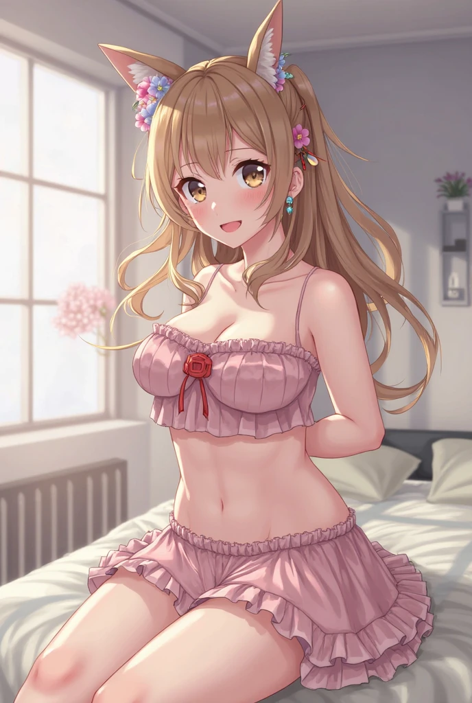 table top、High resolution、1 girl、cute anime illustration、In underwear only、floral lingerie、shiny appearance、big and full breasts、