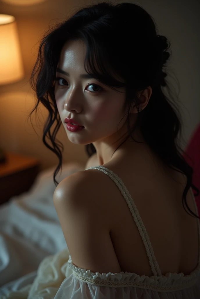 Living room at night,Close-up of the cleavage of a fair-skinned young Japanese woman,full body images