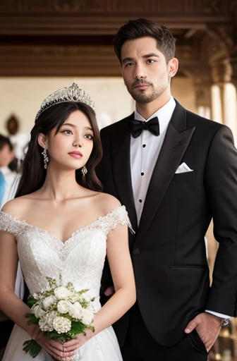 A man puts a white veil on a woman who gives you a woman in a wedding dress