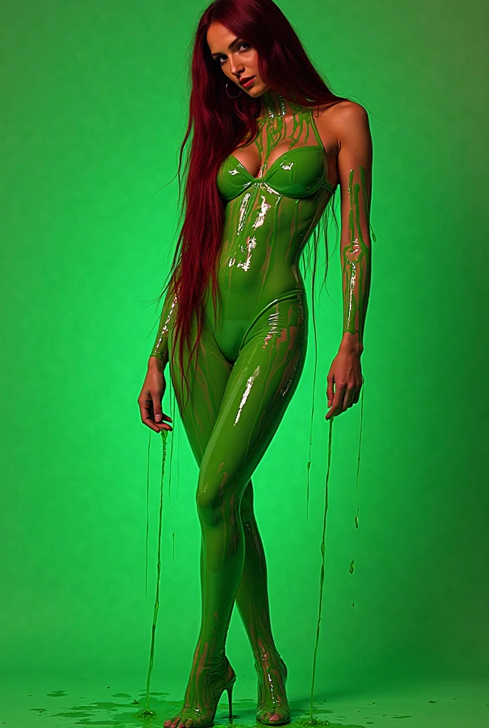 araffe woman in green body paint sitting on a bench, covered in slime!!, green slime dripping, green slime, green mane, made of vines, green flowing hair, green body, green colored skin!!, beautiful green liquid, green slime everywhere, covered with tentacles, green skin!, green colored skin, full of greenish liquid, slime and tentacles