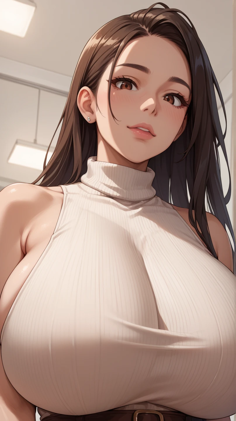 (best quality:1.5, highres, UHD, 4K, detailed lighting, shaders), ( high quality eyes), ( high quality fingers), gray curly haired, gradient hair, large breasts, gold suit, white shirt, social shirt, white short skirt, mature woman , (pov), white background, colorful eyeshadow, dramatic lighting, sparkling eyes, sensual expression, golden earrings, flowing hair, delicate facial features, soft metallic skin, high cheekbones, urban setting, white background, dont look for the camera, lean forward, behind the camera