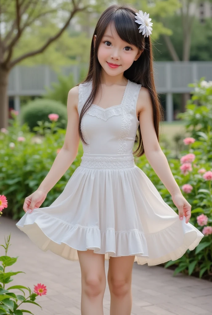 18 years old cute petite teen, beautiful indian girl, braided hair, flower head, cute and shy, blush, wearing a small dress, full body, bangs, in the park, sexy and ultra-realistic, photorealistic, detailed, fair skinned, 8K detailed, [indifferent, NSFW,], black hair semi-long cute girl dancing Guatemalan dance,