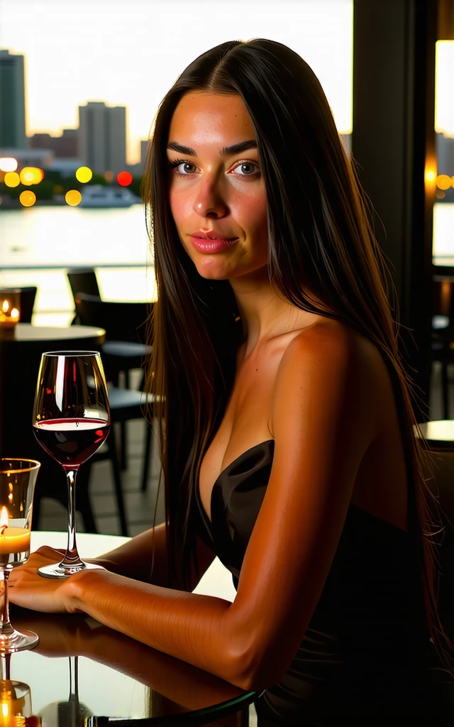 L'image représente une jeune femme à l'expression sereine. Elle a la peau bronzée, Cheveux noirs attachés en arrière, et porte une jolie robe rouge avec décolleté, elle est assise a la table d'un beau restaurant