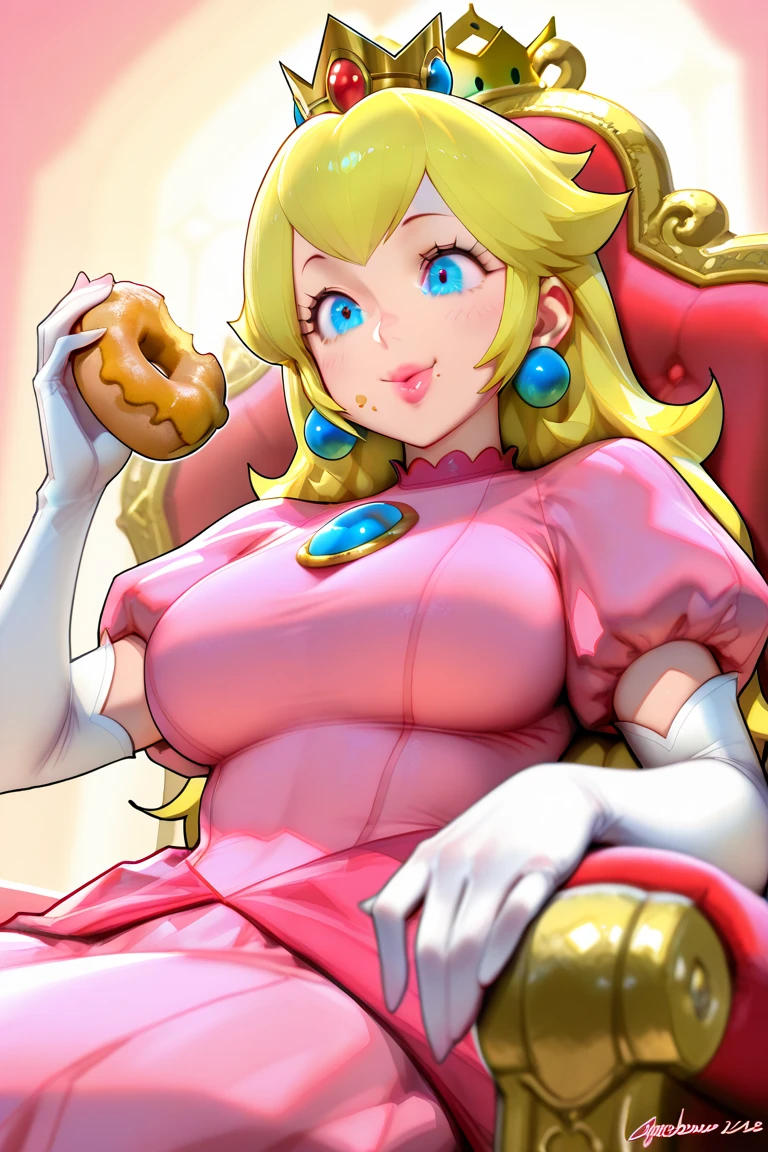 1girl, Princess Peach, rubia, vestido rosa, ruborizada, Curvy body, gigantic breast, escote, sexy, squat