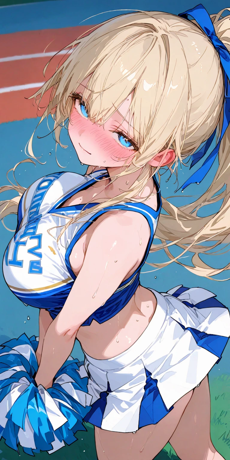 best quality, masterpiece, ultra detailed, general, SakimiStyle, SagawaStyle, 1girl, large breast, looking at viewer, 1girl, blushing, side angle, from above, looking up, (twisted torso:1.1), cheerleader, holding large blue and white pom-poms in both hands, embarrassed, blush, wince, entire body, frillly middle skirt, blue ribbon, tied hair up, sfw, long ponytail hairstyle, light smile, open field, wind, sweating profusely, floating hair, wet