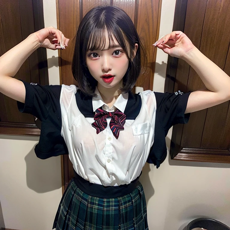 ((top-quality、masterpiece))、Raw photography、8K、top-quality、 超A high resolution、Beautiful face in every detail、Realistic human skin、Gentle expression、front-facing view、Farbe々From an angle、length hair、realisitic、Photorealsitic、cute little、a short skirt、cute school girl、Japan schoolgirl wearing uniform、Surreal High School Girl、blue-sky、outside of house、in poolside、a necklace、wrist watch、