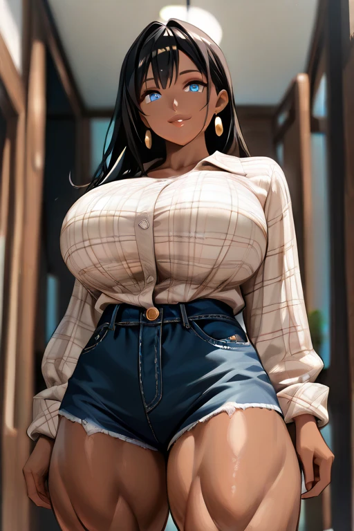 1girl, solo, breasts, dark_skin, dark-skinned_female, straight_hair, black_hair, hair between eyes, shiny, shiny_hair, lips, parted_lips, brown_eyes, huge_natural_breasts, eyelashes, big_lips, very_long_hair, mole, mole on chest, very dark-skinned female, short woman, age up, chubby female, chubby girl, highly detailed, clear focus, chubby, chubby woman, high quality, best quality, 8k, smile, latin girl, DJ, tecno, ciberpunk, future, tecno clothes, full body