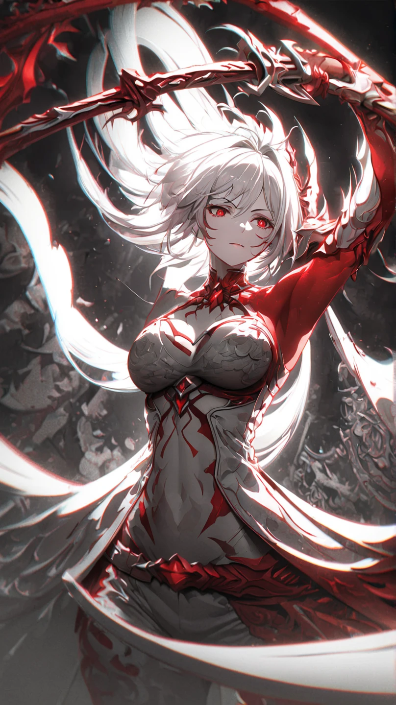 (1 beautiful woman)、(Very huge muscles:1.5)、(Unusually large muscles)、(Red cyberpunk military uniform all over the body:1.3)、(Red aura emanating from clothes:1.5)、(Military equipment:1.2)、(White hair)、(an eye patch:1.3)、(30-years old)、(confident grin:1.2)、(Dark hair)、(Top image quality)、(8K picture quality)、(masutepiece)、(Full body photo:1.3)、cinematric light, Cinema Shadow, Sharp Image, Extremely detailed,、beautiful effects, Muted colors, Highly detailed image textures, detailed hairs, Detailed face, Detailed eyes, Full body photo、Highly detailed image textures, detailed hairs, Detailed eyes、