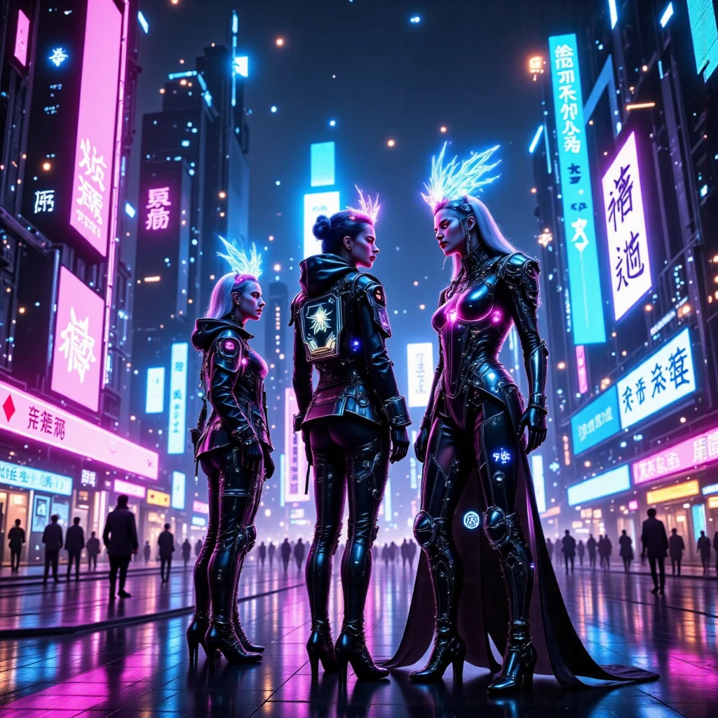 A spectacular parade in a futuristic metaverse theme park with colorful neon lights