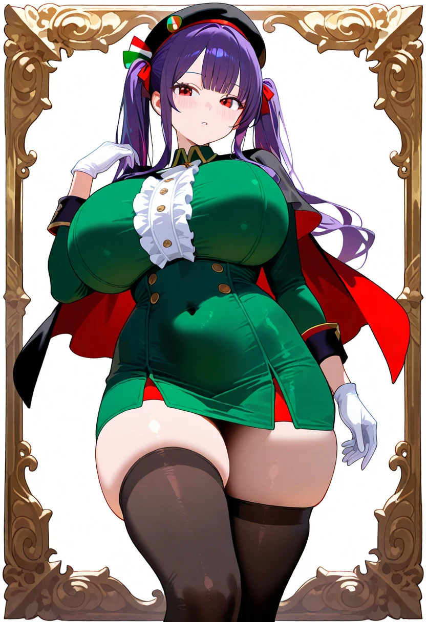 (masterpiece, best quality:1.2),illustration,8k,hd,1girl,solo,cowboy shot,beret,gloves,white_gloves,hat,skindentation,large_breasts,cape,purple_hair,twintails,black_thighhighs,covered_navel,red_eyes,long_hair,dress,black_headwear,red_cape,bangs,italian_flag,taut_clothes,green_dress,black_cape,long_sleeves,sidelocks,center_frills,framed_breasts,frills,<lora:Pola(azur)>,