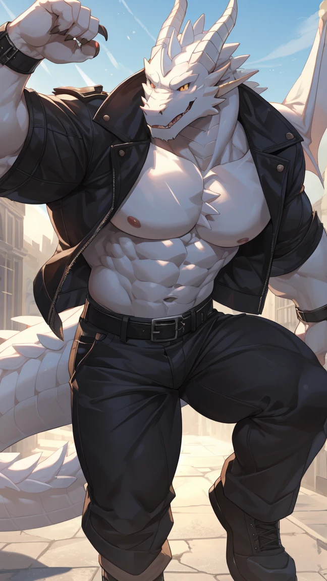 male, anthro, muscle, kemono, dragon, black, scales, wings, horns, tail, shirtless, jeans, standing, smiling, handsome, detailed eyes