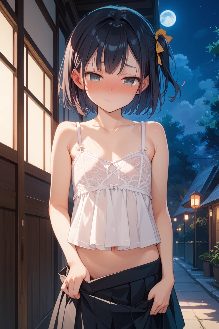 Black Hair Shortcuts hair band White bra White panties under black pantyhose Beautiful breasts Outdoors at night