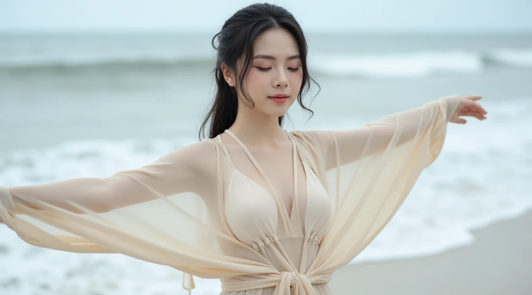 (upper body), (best quality:1.1) ,(photorealistic:1.1), (photography:1.1), (highly detailed:1.1), looking at viewer,armlet, Jade bracelet, eyelashes, happy, medium breasts,beautiful detailed girl, (extremely detailed eyes and face), (lighting on face),necklace,Colorful clothes, [chinese clothes],[off shoulder], (solo:1.2), sandbeach,sand,Standing by the seaside, summer, (beautiful detailed sky),