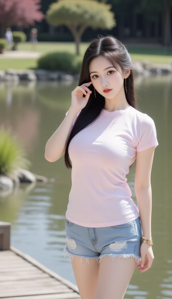 hyper realistic lifelike texture dramatic lighting unrealengine trending on artstation, nikon RAW photo,8 k,Fujifilm XT3,masterpiece, best quality, realistic, large breast, brown wavy hair, photorealistic,ultra detailed,extremely detailed face, solo,1girl, white shirt, short denim pants, ,, cherry blossom forestbackground, sakura leaves, irene1, , <lora:irene_v70:1>