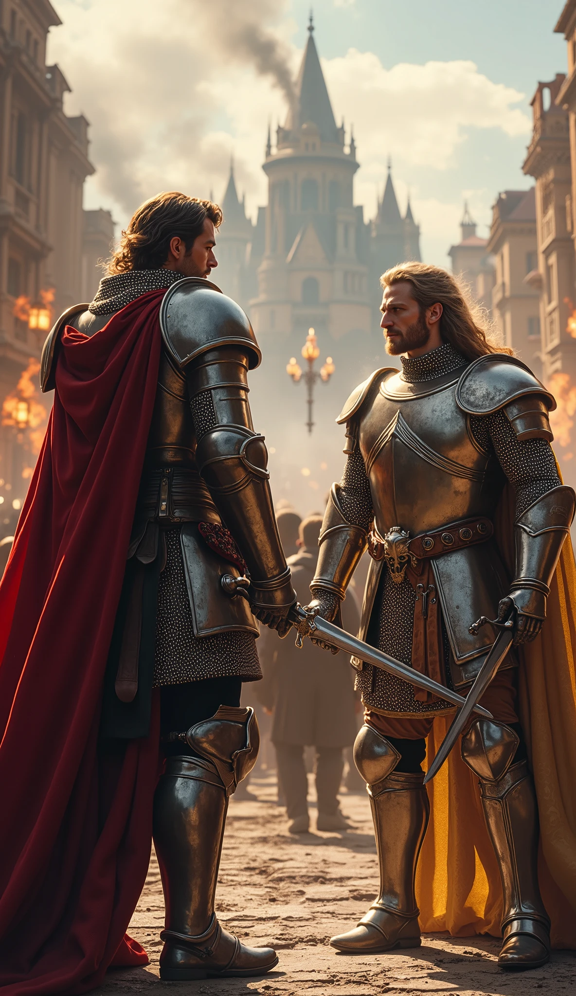 highdefinition images、real images of King Arthur and the Knights of the Round Table、King Arthur and Lancelot, dressed in armor and armor, they pull out their swords and fight to protect the city from looters、Many Enemies、In a movie-like panorama。