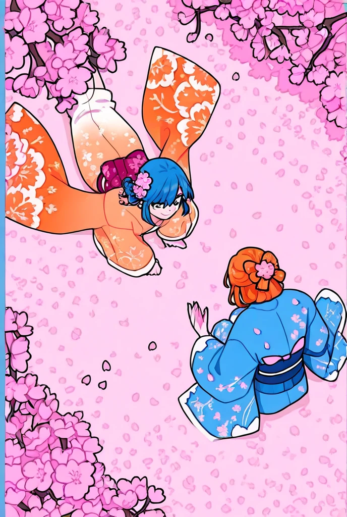 2girl, duo, identical face, Furry, furry kemono, female fox furry, female kitsune furry, cute, huge nipples, chubby, pink coloured hair, light blue coloured body fur, gold coloured tail, fluffy light blue coloured ear, fluffy gold, pink and light blue coloured big tail, light blue and gold kimono with flower pattern, laying on bed, hugging each other
