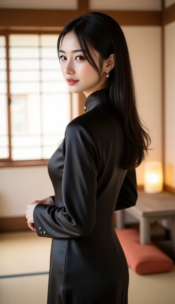 (absurdres:1.3), (highres:1.3), (ultra detailed:1.3),(1girl:1.3), (extremely detailed CG unity 8k wallpaper:1.3), (detailed skin texture, detailed cloth texture, detailed hair texture), (beautiful detailed face, supermodel, pale skin, realistic glistening skin), (RAW photo, best quality), (realistic, photo-realistic:1.4), masterpiece, extremely delicate and beautiful,Amazing, finely detail, extremely detailed CG unity 8k wallpaper, huge filesize, ultra-detailed, highres, absurdres, soft light,rim light, vibrant details, hotel room, short bob hair, black hair color, Big Natural Color Lip, (perfect body shape), beautiful legs, BREAK (black theme:1.5), (fusion of black ao dai tops and black chinese tunic suit:1.4), (long sleeve:1.3), (black matte fabric:1.3), (black pants:1.4), (ankle skin:1.3), (black pumps:1.1),
crying a little、little smile, Harajuku style、20 year old girl、cute type、lolita、open legs