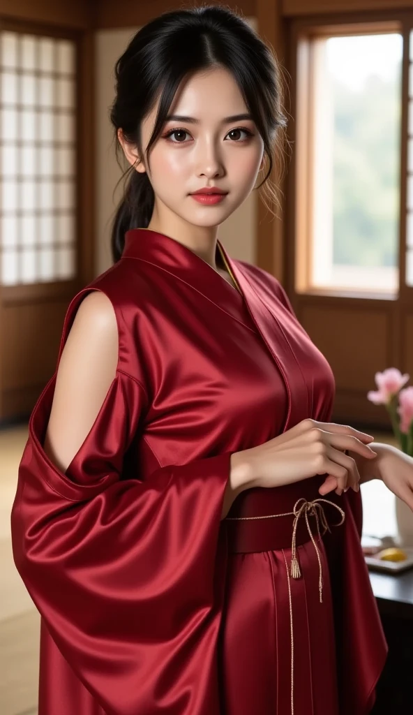 (yinchuan:1.5), close-up, masterpiece, best quality, raw photo, photorealistic, big breasts, beautiful face, soft smile, 20 year old girl, red fabric yukata, floral yukata, sitting on a chair, beautiful legs visible, night, depth of field, high resolution, ultra detail, fine detail, highly detailed, highly detailed eyes and face, sharp pupils, realistic pupils,