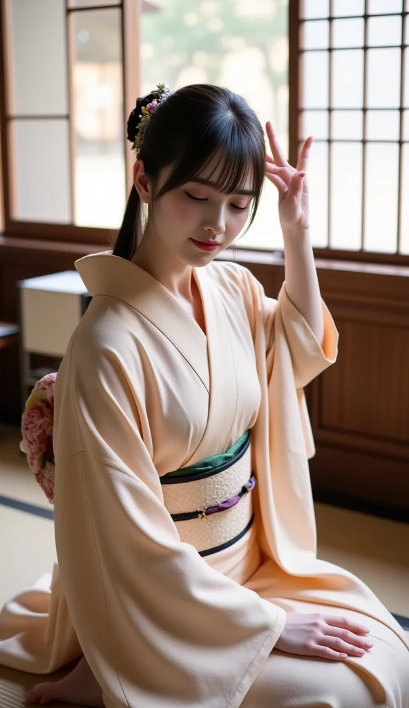 (masutepiece, Best Quality:1.4), Beautiful face, 8K, 85 mm, absurderes, ((FULL BODYSHOT:1.3))、((Japanese style room with futon))、(Floral pattern long-sleeved kimono:1.4), violaceaess, gardeniass, Delicate girl, Solo, Long bob hair、Night, Looking at Viewer, Upper body, Film grain, chromatic abberation, Sharp Focus, face lights, Professional Lighting, Sophisticated, (Smile:0.4), (Simple background, Bokeh background:1.2), Detail Face