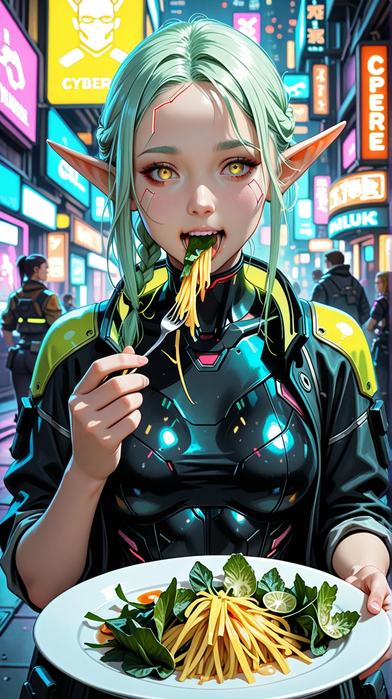 (best quality, masterpiece), 2girls, hologram, cyberpunk, neon, fog, (cartoon: 1.5), thong, tight, small, neon signs, ramen shop, fishnet stockings very low, transparent, very long hair, on piece suit, latex