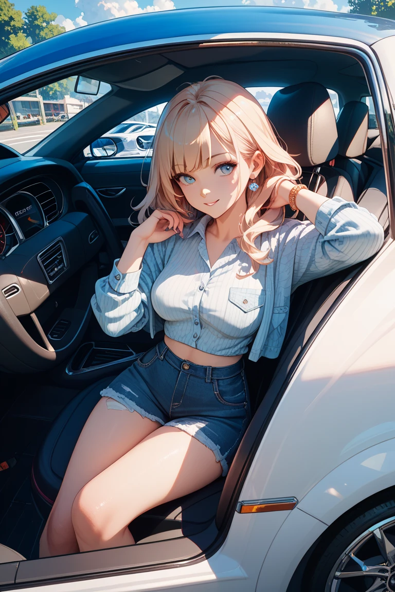 ((highest quallity)),lonely girl, pretty, sitting,inside of a car,back seat, long blonde hair, Grinning, shorts jeans, black t-shirt tucked into shorts,((medium breasts: 1.2)) looking at the spectator, bracelete, choker, shining blue eyes, aretes, waist belt, gold ring on finger, Healthy, glowing skin, detailed hands