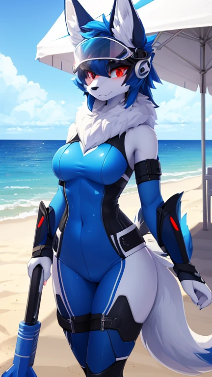 Female, furry, anthro, sergal, young, small breasts, thin body, metallic, robotic, shiny, android, bikini, pool side, walking out of water, hands behind back, high quality, masterpiece,