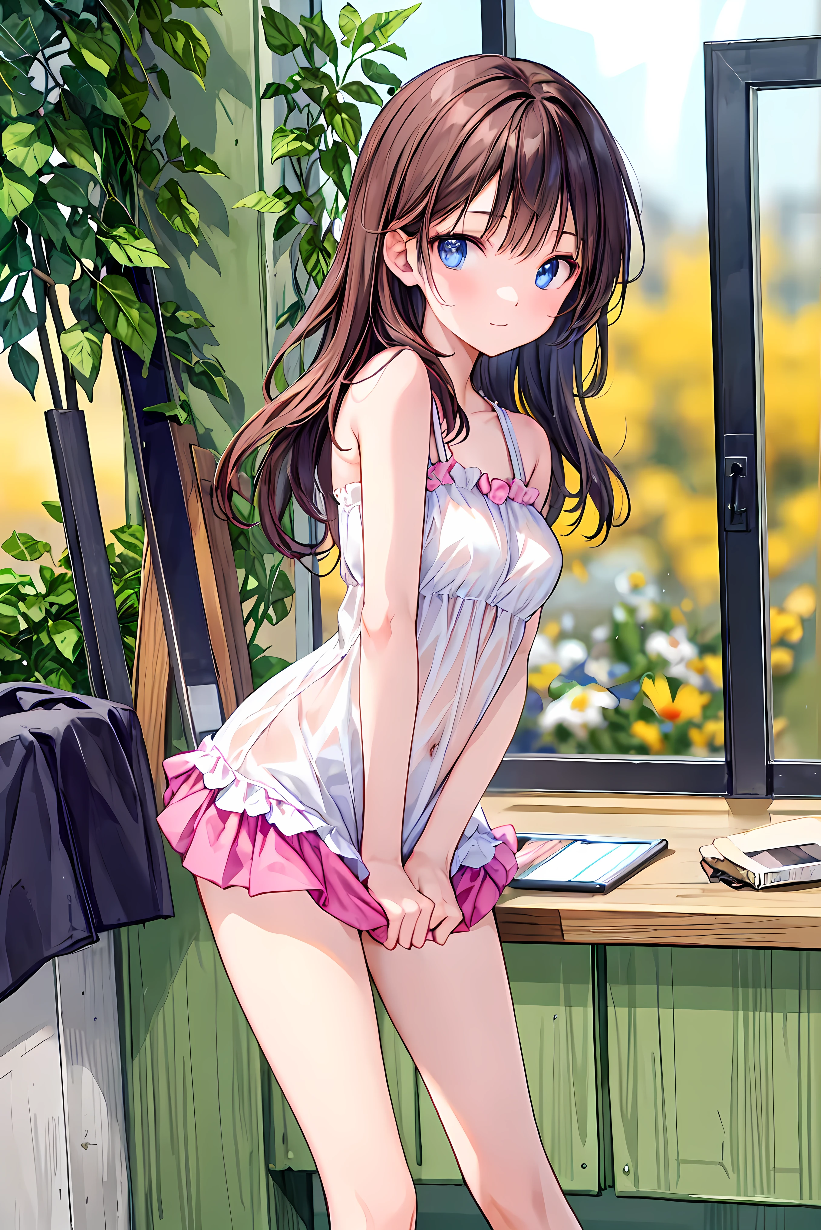 A beautiful girl in camisole sexy panties, anime girl, housewife, inside the room, inside the house, a window nearby, big rounds breasts, (light blue sleeveless camisole, light blue panties with white heart print), dark brown hair, bangs, long hair, wavy hair, hair one side up, expressive hair, shiny hair, hairclip, aqua eyes, (gradient eyes:1.3), glowing eyes, pupils sparkling, blush, bright pupils, grin, open mouth, (grin:1.3), cute face, finger to mouth, she looks back, back view, beautiful ass, you can see her nice ass, anime, high detail, anime style, depth of field, dithering, chiaroscuro, image fill, three sided view, panorama, perspective, photography, lens flare, Wide-Angle, f/1.8, 85mm, Nikon, 40k, super detail, UHD, retina, masterpiece, accurate, anatomically correct, textured skin, highres, best quality
