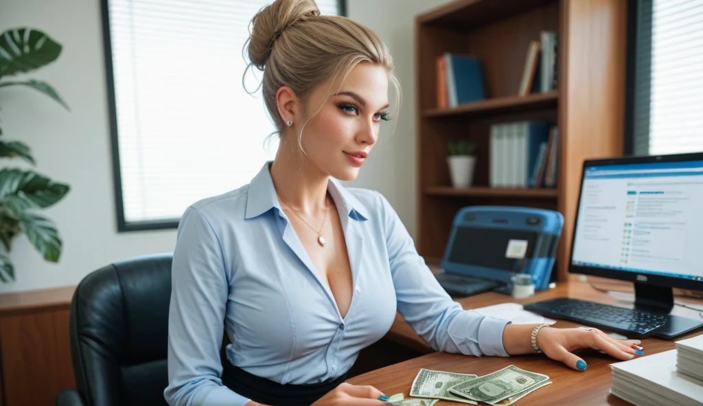 Very attractive blonde woman, therapist. Dark blue eyes, facing the camera. Smiling. Black Background. Holding dollar bills in her hands.