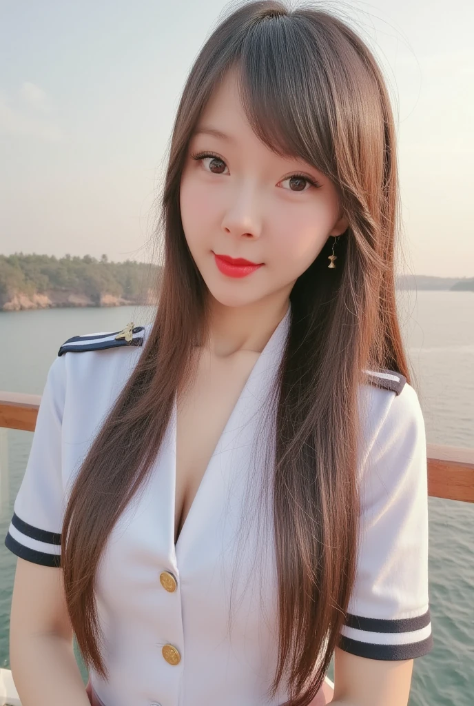 (realistic, high resolution:1.3), 2 girls with perfect figure,two gorgeous beautiful people:1.3, 18 years old girl, thin round glasses, smile, super cute face, light on face, pale white skin,looking at viewers, super fine face and eyes, long hair, White police uniform, small white nurse (cap), transparent shirt, open shirt, in bedroom, sit on the bed, massive breasts, exposed cleavage
