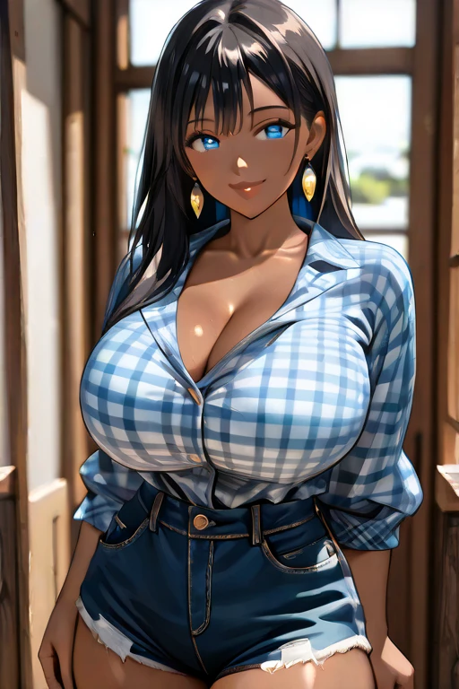 Black dark skin young woman, long straight brown hair with a black hair band, southern, wearing short daisy dukes and a red shirt with rolled up sleeves and tied in a knot, cleavage, huge hips, huge thighs