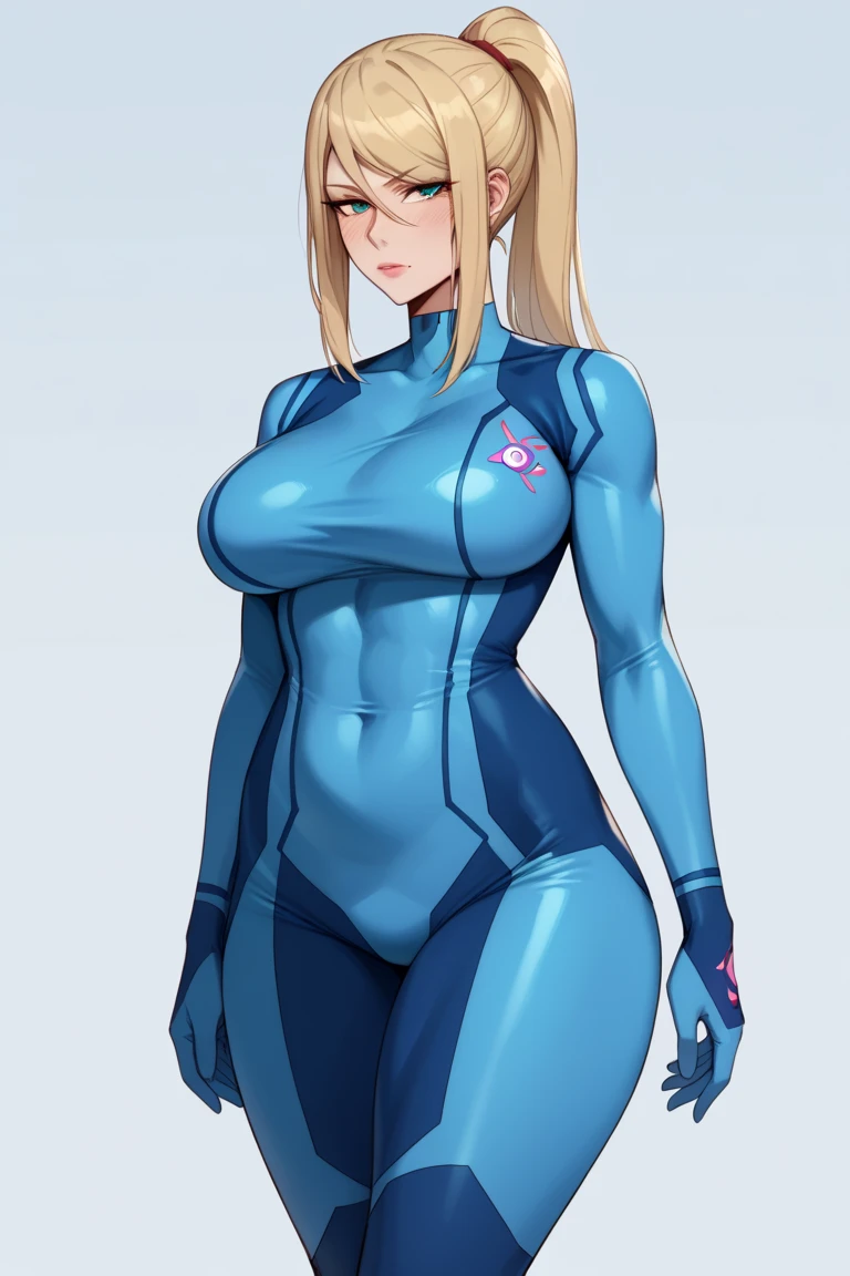 (masterpiece, best quality:1.3), 1female, solo, Samus Aran from Metroid, zero suit, looking at viewer, flat chest, wide hips, big butt, bottom heavy, wide ass, from front, knees buckle, wide hips, tired look, standing