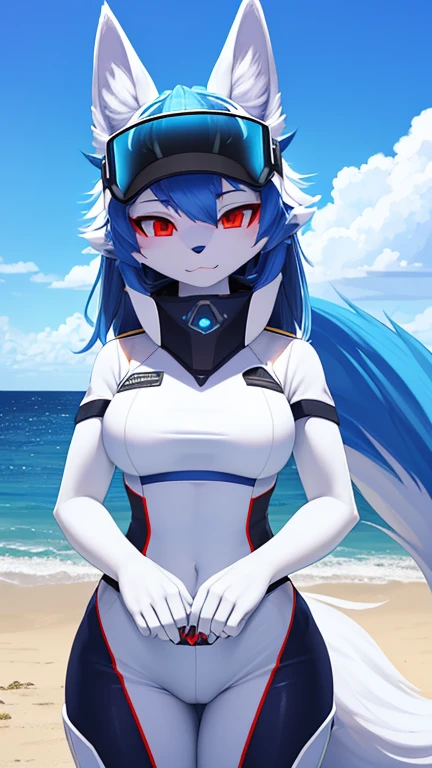 Furry girl, young, cat, blue hair, long hair, blue eyes, small breasts, detailed body fur, red Jacket, open clothes, blue bikini, goggles, masterpiece, looking at you, white body fur, detailed face, big eyebrows, detailed eyes, detailed body, beach, clear Sky, detailed hands, glistering body, skinny, cybernetic body lines, cybernetic body, Neon Eyes, cyborg body, sassy face, :3,