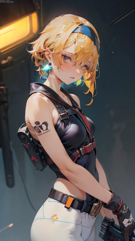 Young girl, short blonde hair, blue eyes, soldier's camouflage uniform, sleeveless, open belly, gun, serious look, masterpiece, high quality