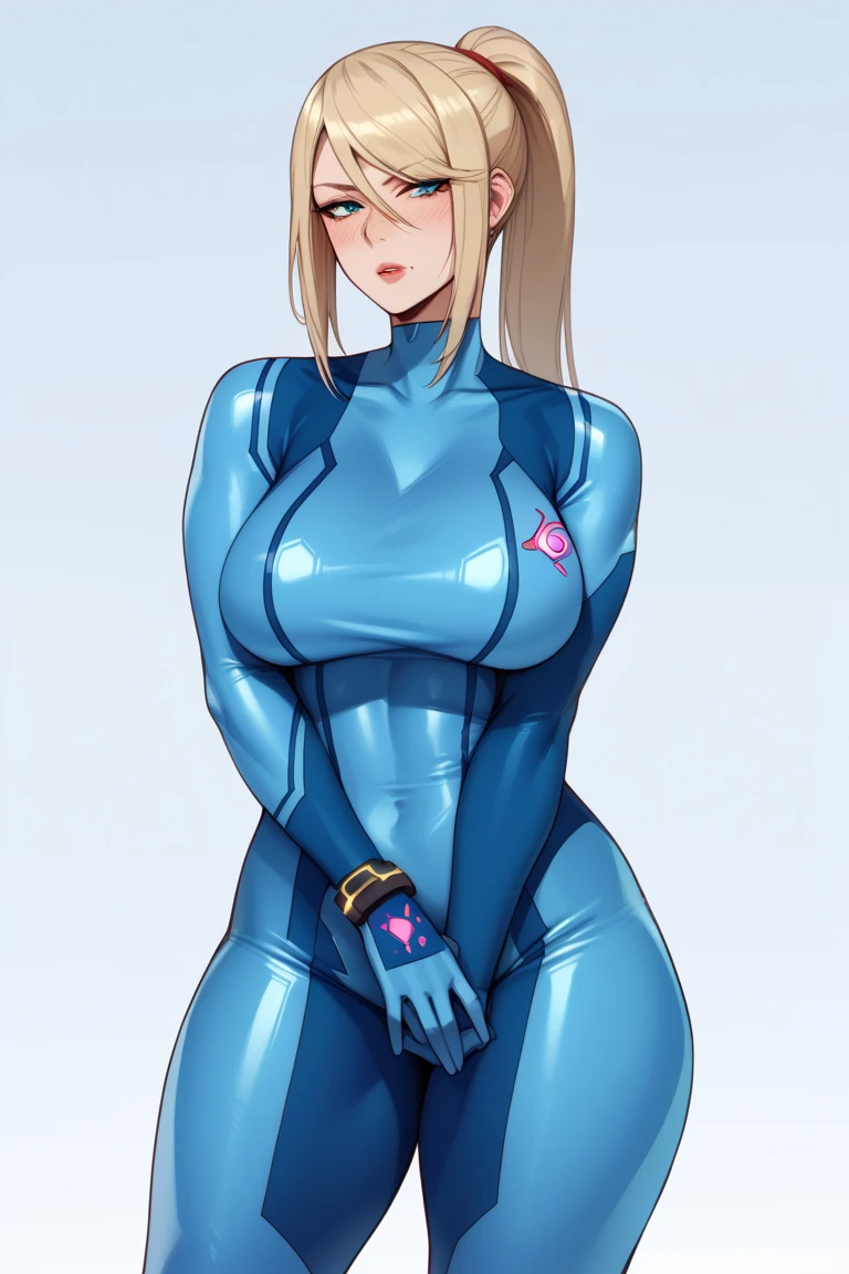 best quality, (masterpiece),(ultra-detailed), (high quality), (high resolution), 1girl, <lora:vicsenpai_futa:0.7>, vicsenpai, <lora:Erect Horse Penis v6_1:1> erection, Eqcok, horse penis, huge penis, <lora:samus:0.5> samus, zero suit, blue eyes, ponytail, bodysuit, blue penis