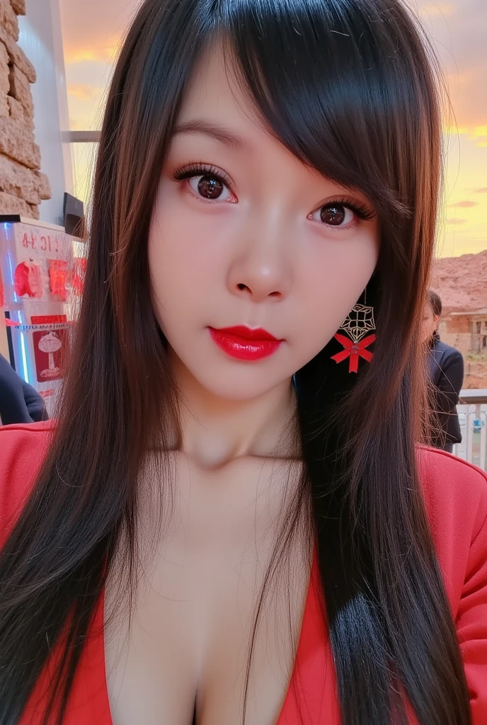 a beautiful woman with an oval face, large eyes, long eyelashes, bangs, cool and arrogant, detailed photorealistic portrait, ultimate face, realistic lighting and shadows, starry eyes, she has loose long black hair down to her waist, (flowing hair), (black starry background), upper body, medium bust, swan neck, looking back, beautiful, (highest quality, 4k, 8k, detailed, masterpiece:1.2), cinematic, high quality CG, 8K resolution, mechanical suit, jumping, (ultra-detailed), red cloak, dark planet background, space, dramatic scene, safe