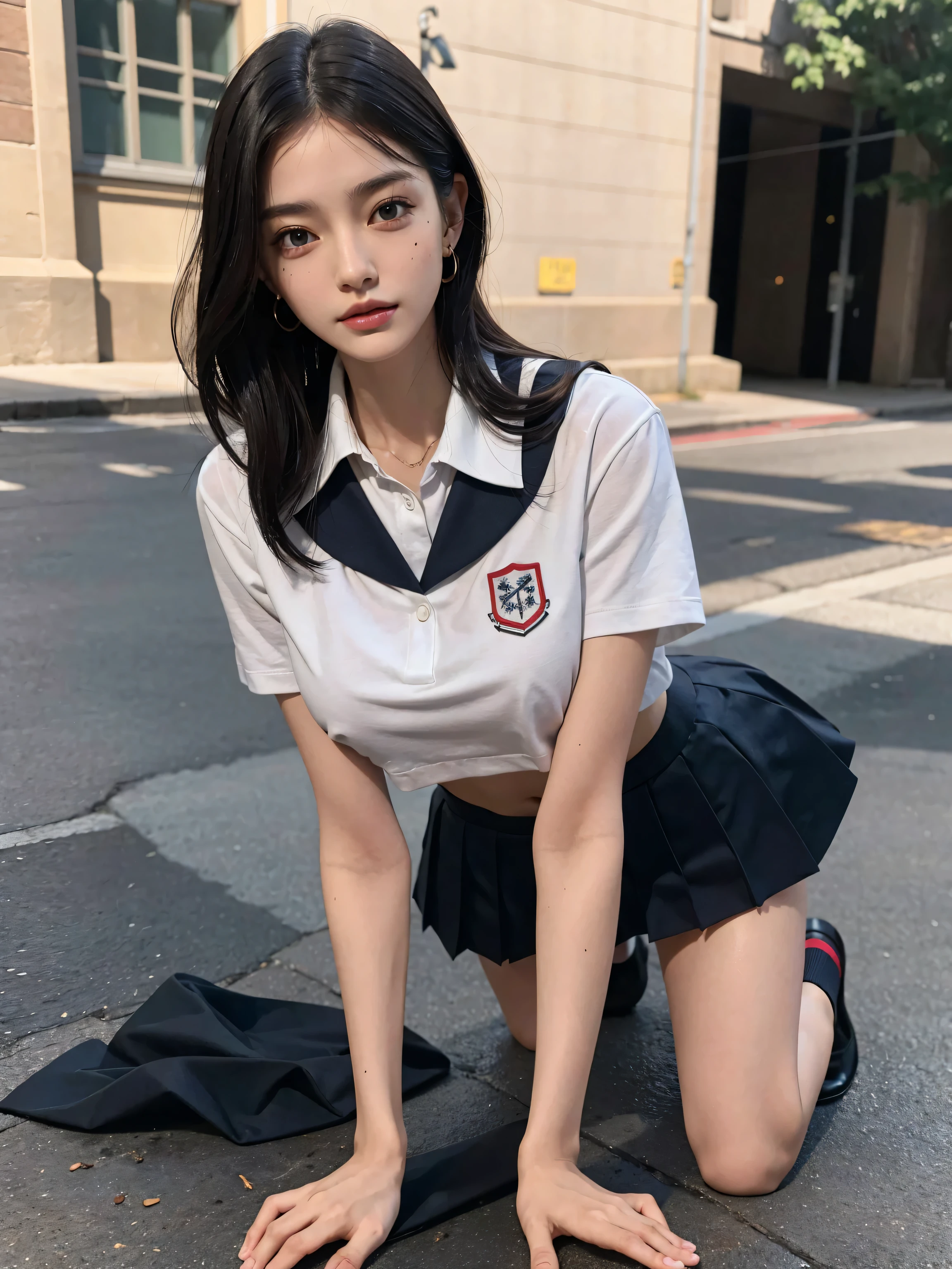 absurdres, RAW photo, extremely delicate and beautiful, masterpiece, Best Quality, ultra high resolution, 32k, hyperrealistic, ultra-detailed, perfect figure, Super Beauty, Perfect Style, Perfect balance, in her 20s, very small head, very small face, delicate facial features, tearful mole, earring, ((very huge breasts)), ((full body shot)), bare legs, medium hair, black hair, ((sports uniform)),