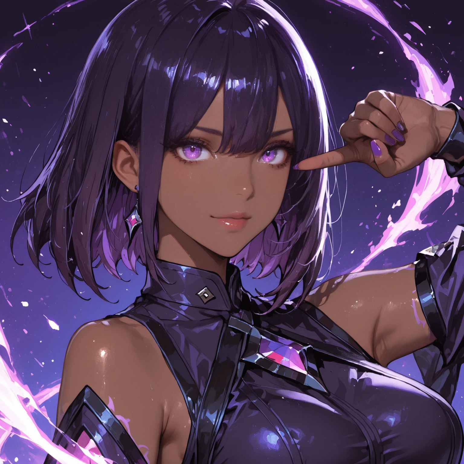 female, short purple hair, engineer, mad scientist, foggy nerd glasses, happy, black bikini armor, fantasy