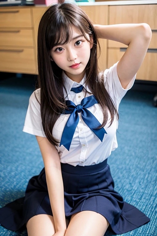 high school girl、Idol、Light blue mini skirt、stockings、See-through、sit