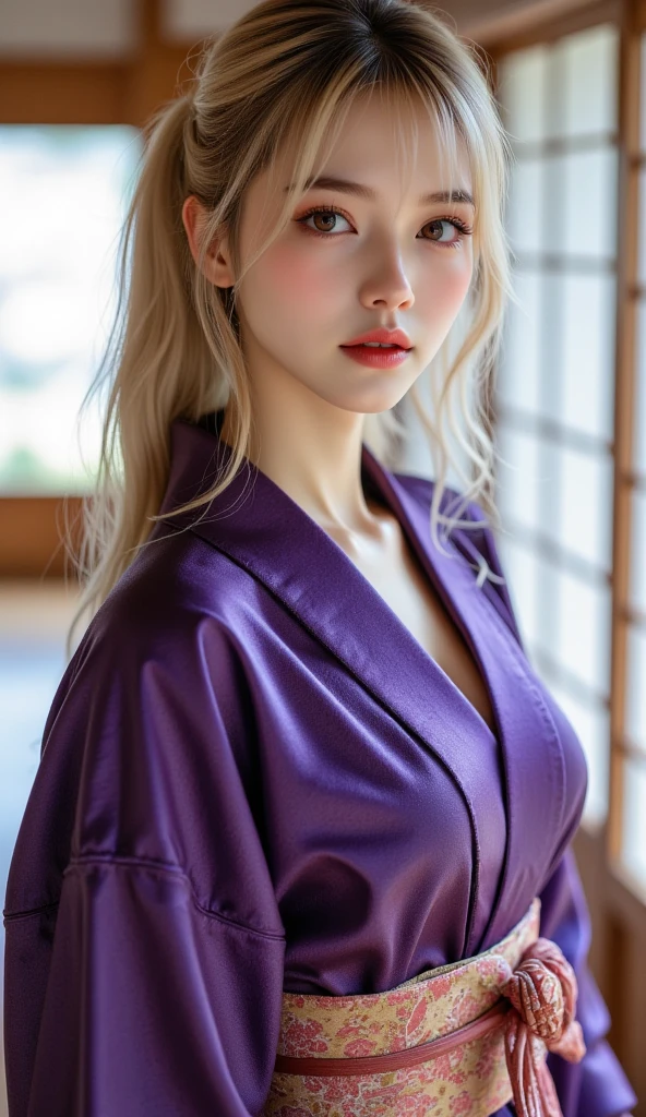 (masterpiece), best quality, 1girl, looking at viewer, (sion)\(shippuden\), parted lips, wind lift, bottomless, Green white fabric ,blonde hair, long hair, purple eyes, solid eyes, big breast masterpiece, absurdres,sion\(naruto the movie ), 1girl, solo,mature female, off-shoulder oversized shirt, looking at viewer, (falling petals), perfect composition, detailed lips, big breast, beautiful face, body propotion, blush, (pink lips), long hair,  purple eyes,  soft gaze,  super realistic, detailed, photoshoot, realistic face and body,martial art,