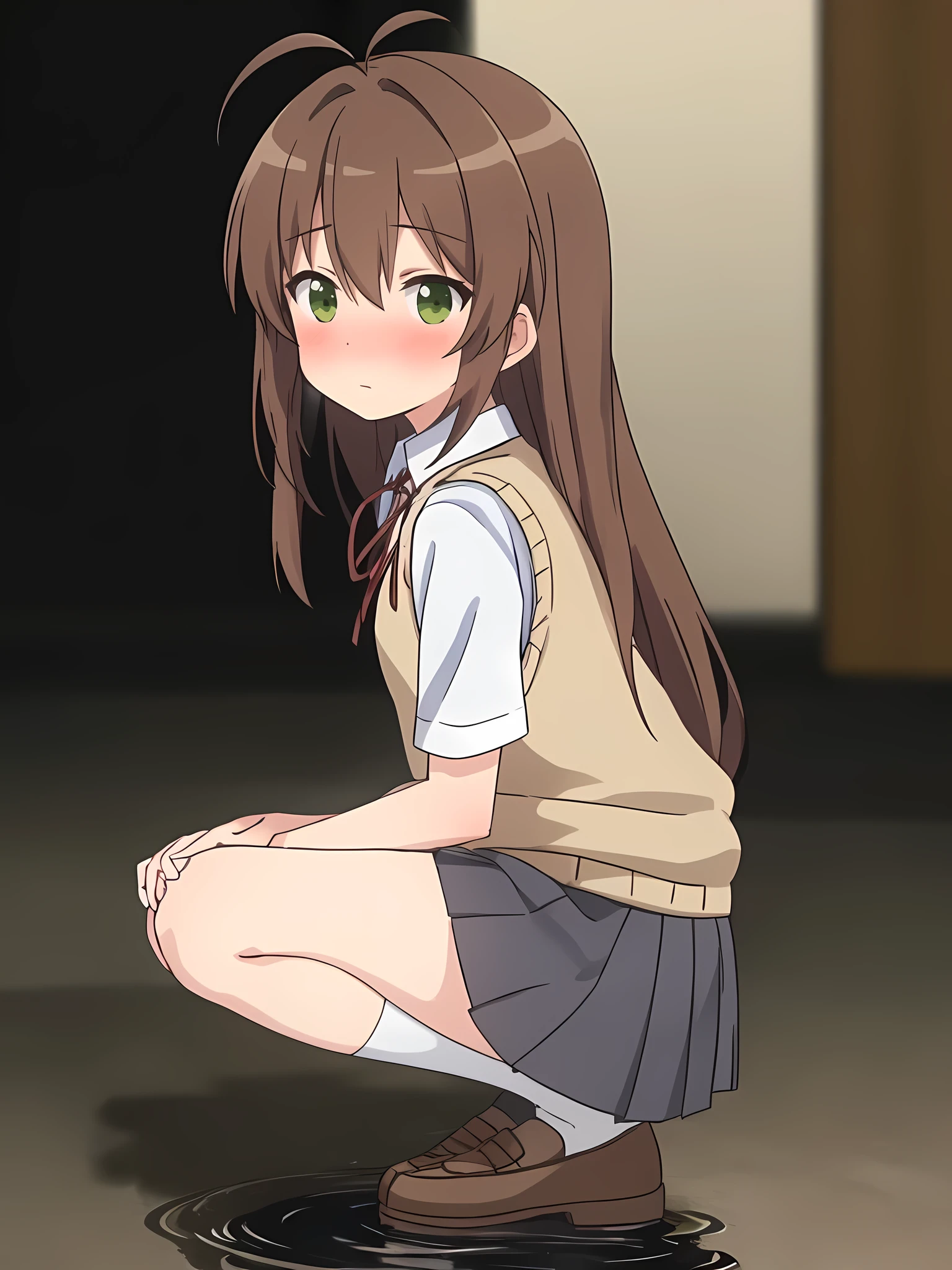 (masterpiece, top quality, nsfw), EXTREMELY detailed CG Unity 8k wallpaper, high definition, bold composition, masterpiece, best quality, amazing quality, very aesthetic, high resolution, ultra-detailed, absurdres, newest, scenery, depth of field, lighting , artistic composition screencap, flat anime, 1 girl, non-committal, dwarf, school uniform, sweater vest, neck ribbon, brown hair, long hair, antenna hair, bangs, 5 heads tall, tiny breasts, short legs, stocky legs, green eyes, Squatting with legs open, from side, turning around, nose blush, gray skirt, cover she's face with one's hands, Puddle at she's feet