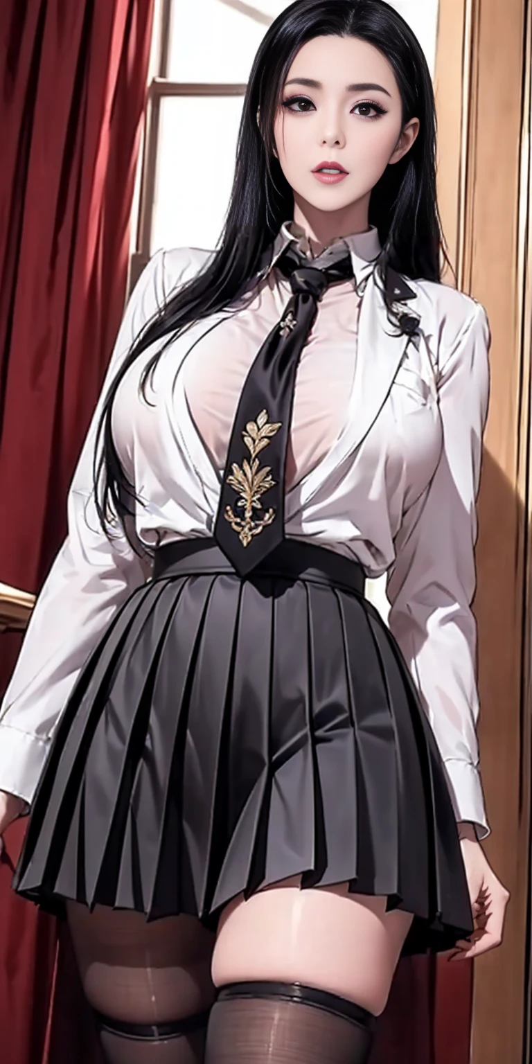 Black hair, twin tails, wavy hair、Girl、Glasses、Huge breasts、glamorous、Thick thighs、Formal Shirt、Purple short tie、(Take off the black pleated skirt:2.0、Purple low rise panties:1.5、Camel toe:1.5、Absolute area、Black knee-high socks and garter belt)、Church stained glass、Shooting from below、looking at the camera、Close up on crotch:1.5