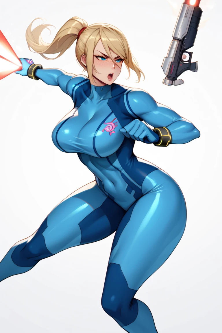 arafed woman in a blue suit holding a gun and posing, zero suit samus, samus aran bioorganic varia suit, cutesexyrobutts, thicc, samus aran fanart, as overwatch character, samus, samus aran, amouranth, full-cosplay, cammy, better known as amouranth, cybersuit