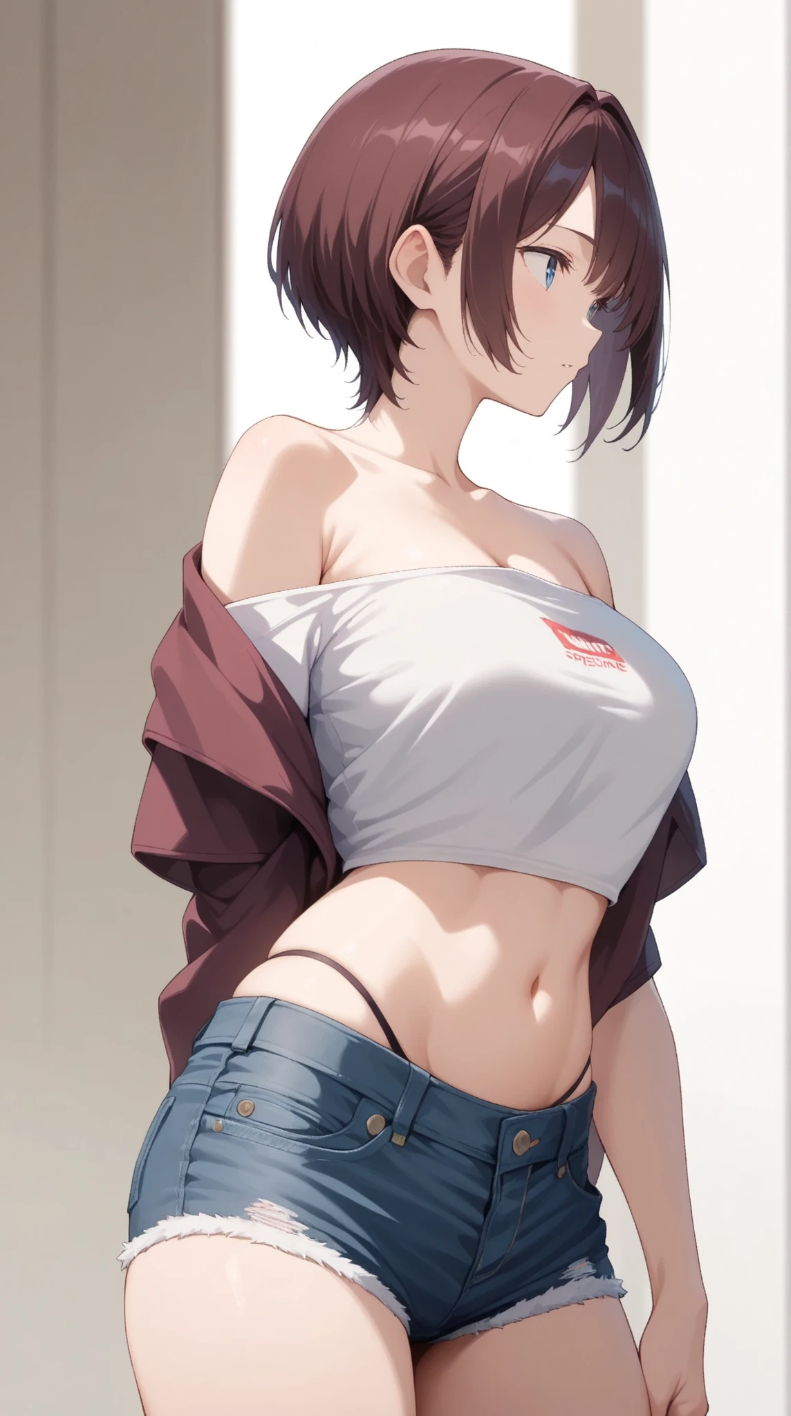 photo of mlp Meowko, RAW, beautiful woman, ((portrait)), ((detailed face:1.2)), ((anime face, anime facial feature, clear skin, glossy anime lips, clear skin), (short messy lesbian haircut, brunette: 1.55),  (perfect proportioned body, Strong, muscular, narrow waist, narrow hips, skinny, large breasts), (she is wearing lilac colored long sleeve button t-shirt, buttons undone, open shirt, tight booty shorts, Short shorts), (kneeling on bed, splits kneeling, legs apart), (realistic photo, best quality, detailed), (8k wallpaper), (cinematic lighting, beautiful light, (afternoon:1.3)) (sharp focus, intricate)