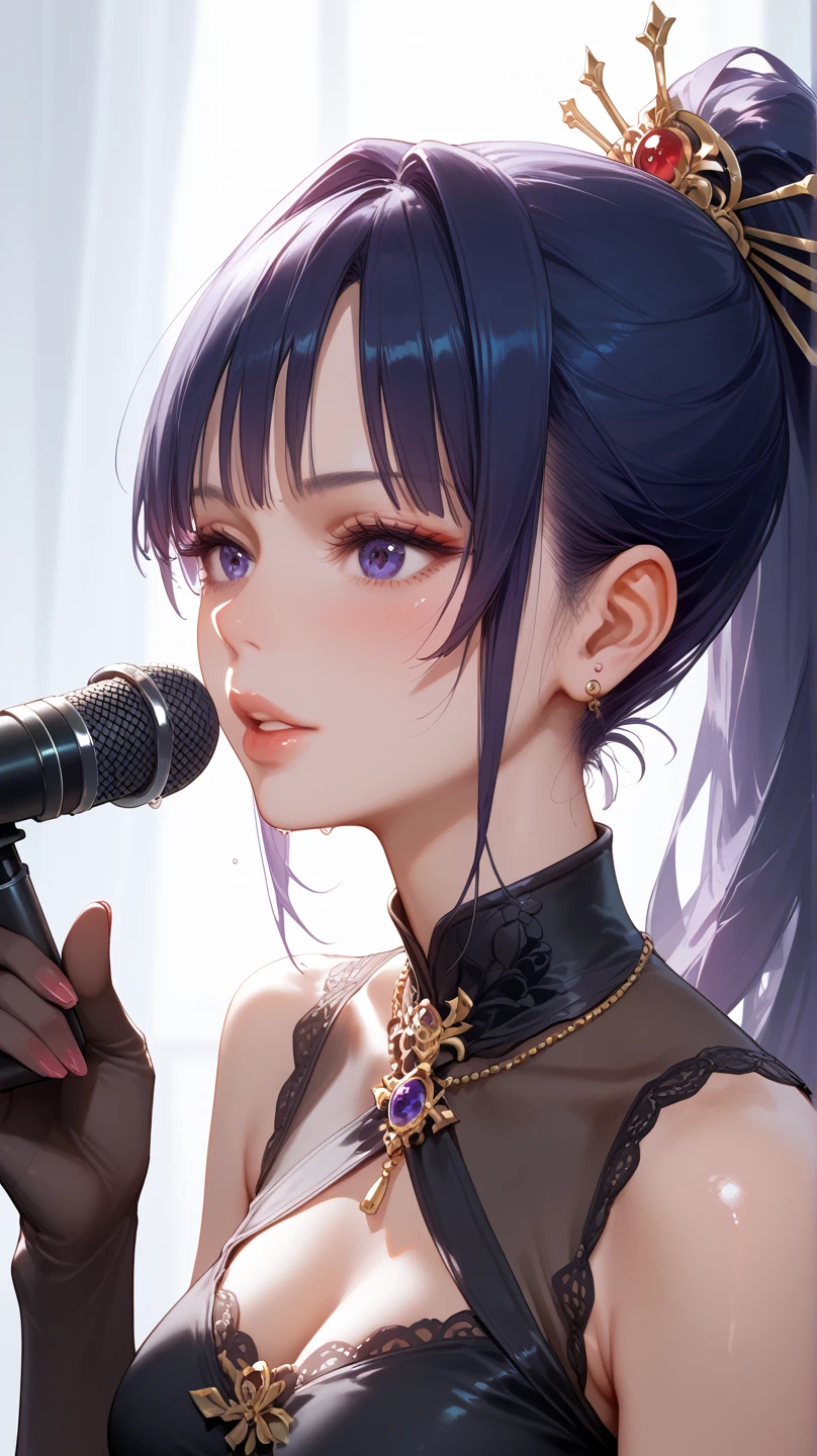 Vertical 9:16 composition. A close-up of a Japanese 1980s idol-style woman, focusing on her face and upper body as she sings the first phrase of a song. She looks off to the side with a calm, focused expression, holding the microphone close to her lips. She has a high black ponytail and wears a modest long black dress and sheer black gloves. The lighting is soft and focused on her face, creating a graceful and elegant mood without eroticism—just pure diva charm.