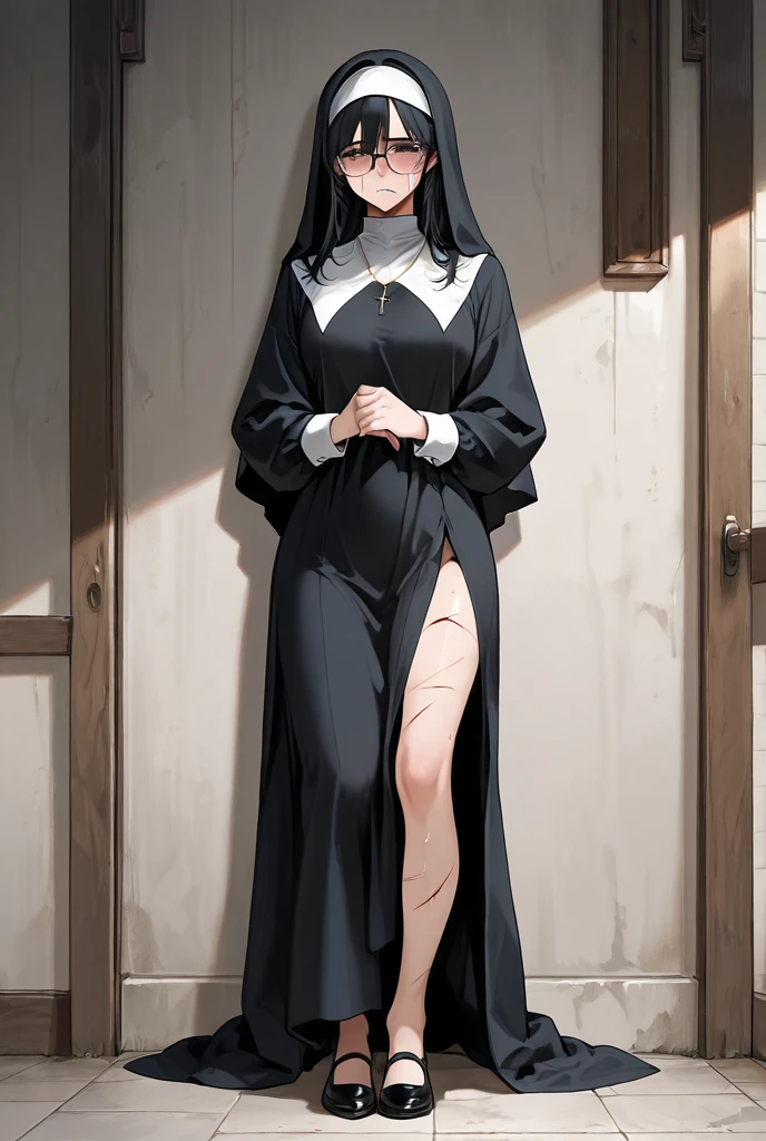 man, male, guy, adult, bangs, long bangs, nun hood, full body, basic background, simple background, bulge, facing viewer, no pants, nopan, underwear, bulge, tighty whities, big bulge, male underwear, boy in underwear, holding book, unique character design, short robe, very short robe, small robe, hole in clothing, cool holes in clothing, body reveal, revealing, big crotch bulge, underwear_peek, peek, underwear peek