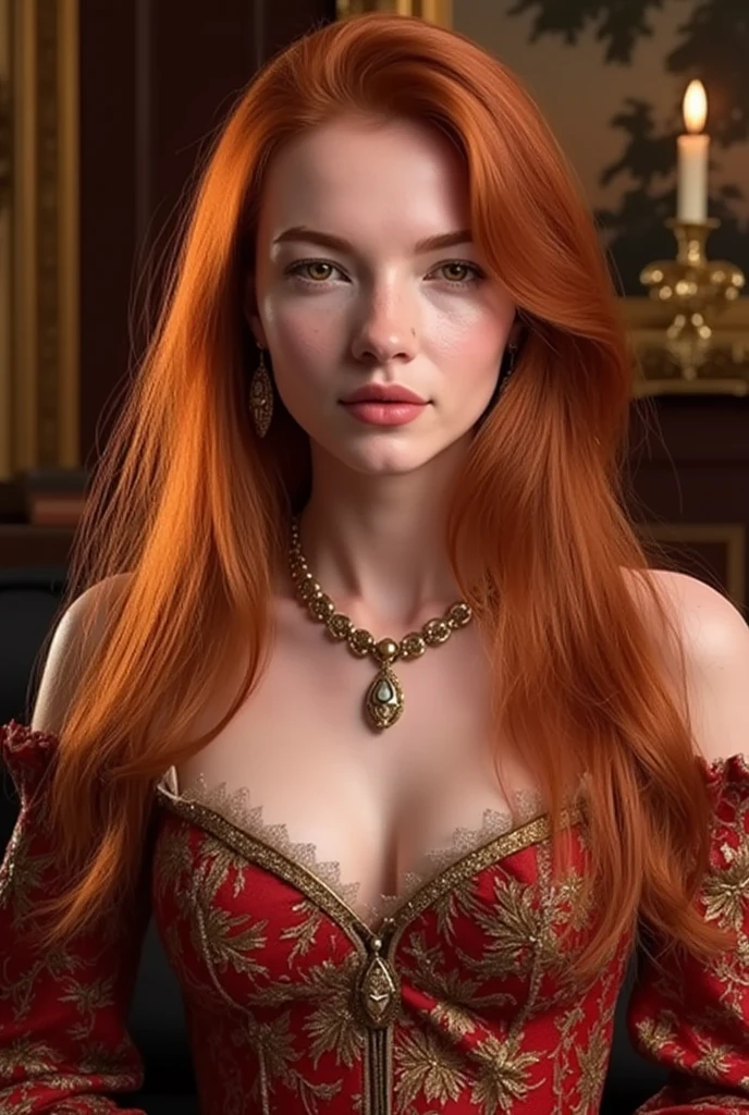 1girl in, age17, Solo, Long hair, Colossal tits, Looking at Viewer, light reddish orange hair, Bare shoulders, green eyes, jewely, Full body, a necklace, off shoulders, pink Sweaters, Realistic, A sexy