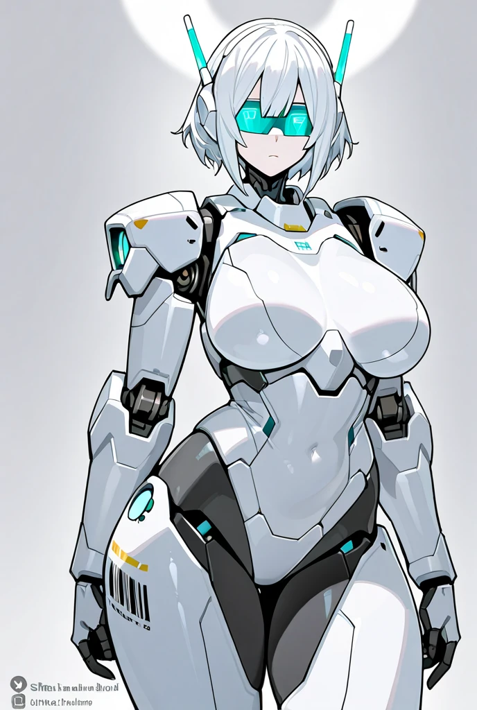 (one anime girl, glasses, white short hair, huge breasts, white futuristic suit, watching on viewer, in a shy pose), ((white background)),(((in full growth,full body)))