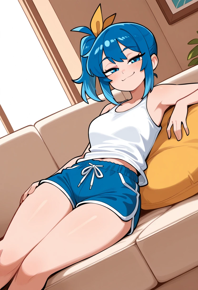 super fine illustrations,1 boy,A little boy 150 cm tall,blue hair,Green eyes,White skin,Heart to eye,Ponytail hairstyle,perspired,Shirtless,Lewd expression,Sexy,Gay,pleasant sensation,vehement,Femininity,(Wear only briefs),There is a milky white liquid on the body,There are pronounced male genitalia,Homosexuality,The erection,Be red in the face,big breasts exposed cleavage,Drooling over male genital details,drenched all over the body,Precise legs,(Conspicuous male genitalia),Animate,Full body like,
